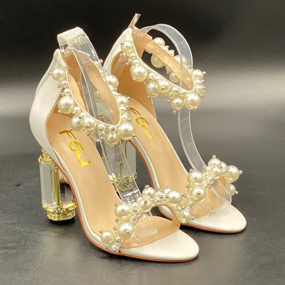 FSJ Ivory Pearl Open Toe Ankle Strap Chunky Crystal High Heels Prom Sandal. - Picture 5 of 9